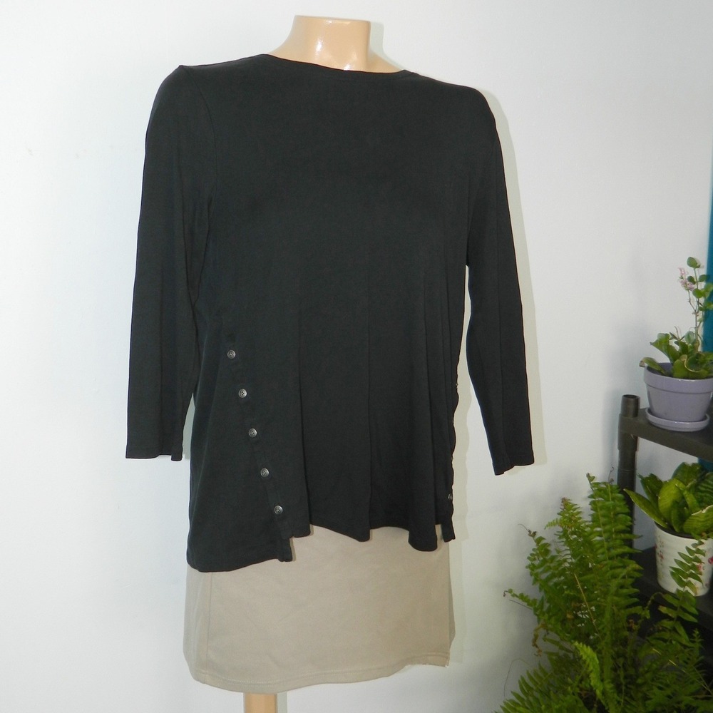 LOFT Knit Top Women Size M Black Asymmetrical Button Side 3/4 Sleeve Crew Neck